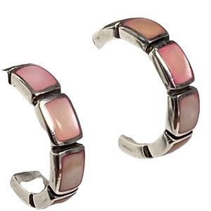 Sterling Silver Earrings Marked CFJ Pink Mother of Pearl Half Hoop Pierced